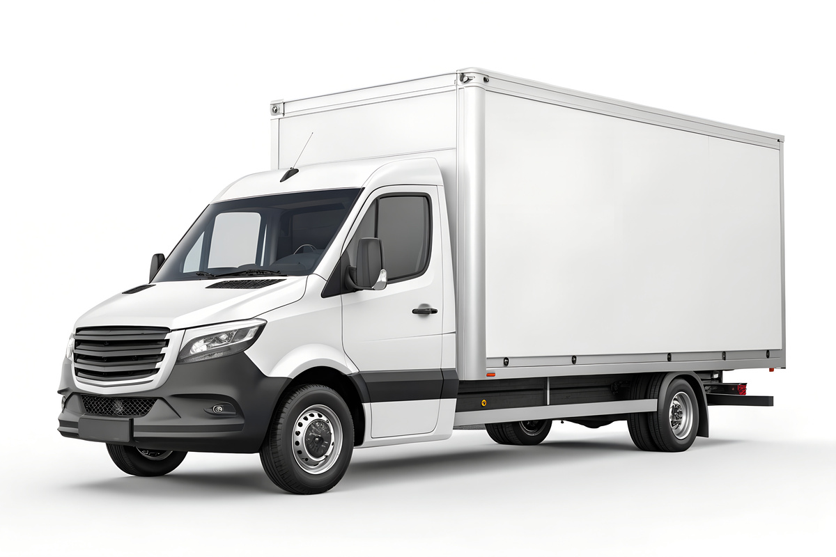 A white delivery truck with a boxy cargo area and black accents A white delivery truck with a boxy cargo area and black accents