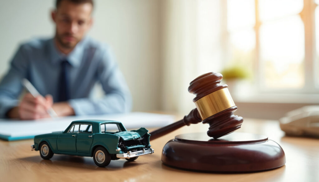 Gavel near car model at lawyer desk. Attorney drafts legal documents about auto insurance claim. Car accident law expert advises about justice and litigation process for vehicle damage.