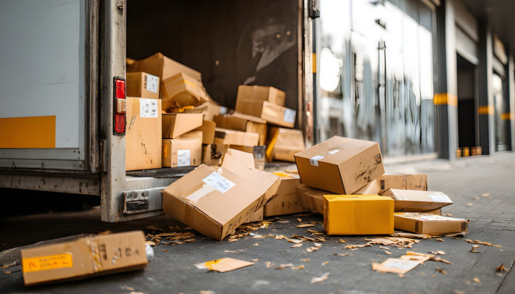 The delivery truck door opens and packages fell out. Box pile left on the floor